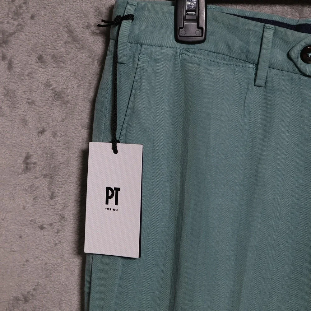 PT Torino Pants Mens 33x36 Green Chino Slim Linen Blend Dress Made in Tunisia